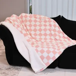 Merrylife Checkered Throw Blanket Knitted Sherpa Checkerboard Grid Ultra-Plush Soft Fuzzy Cozy Blanket for Couch Chair Bed Travel, 60*70inch