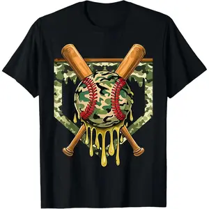 Baseball Drip for Boys Ice Cream Dripping Boys Baseball Camo T-Shirt - Cotton Fabric Youth Boys Girl T-shirt