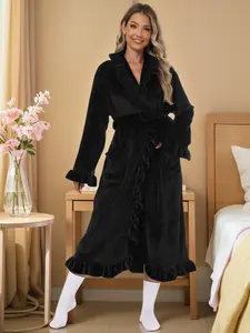 Women's Long Sleeve Flannel Bathrobe, Elegant French Terry Sleepwear with Pockets, Warm Autumn Winter Home Wear, Thickened Robe