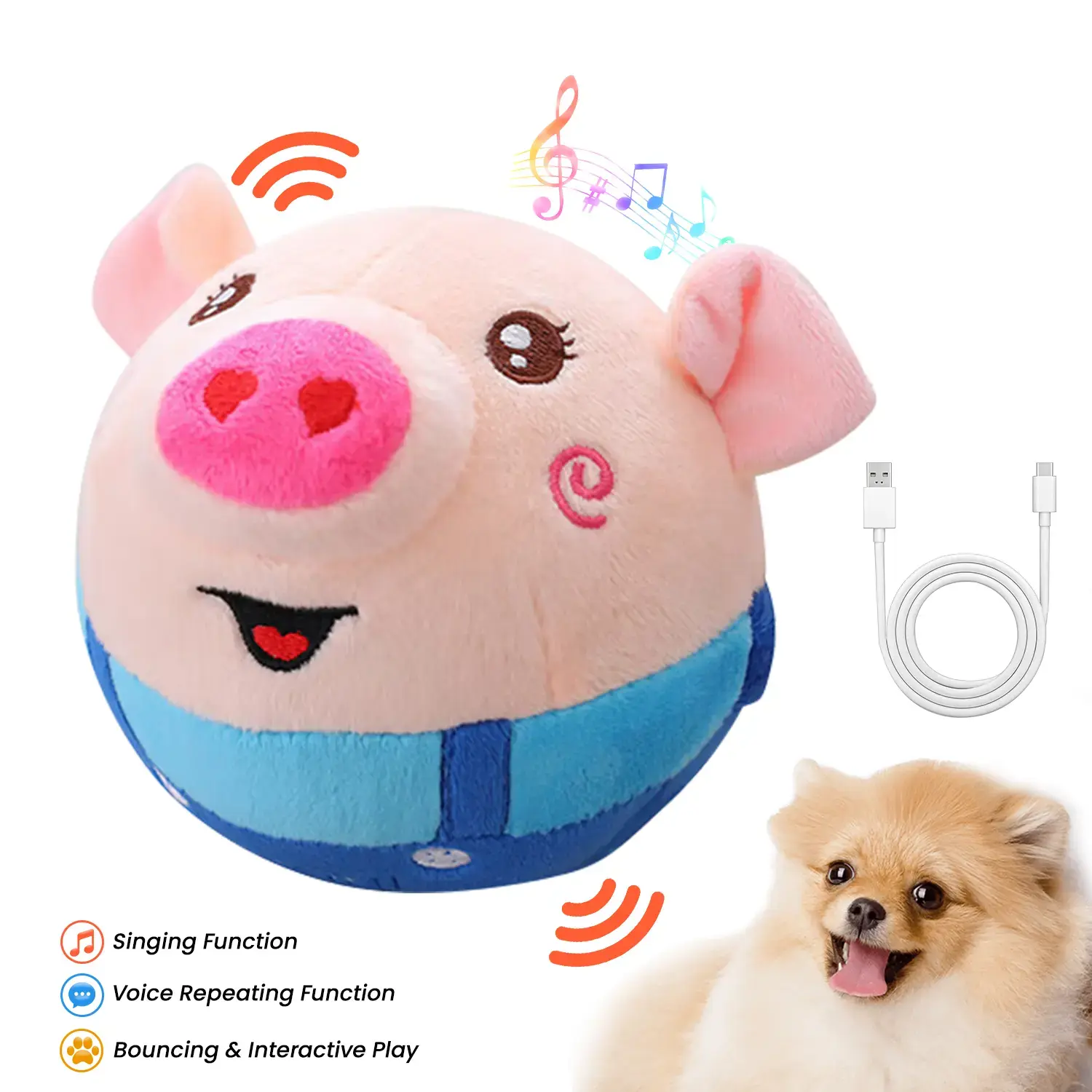 USB-Rechargeable Interactive Plush Pig Ball Dog Toy for Small-Medium Dogs - Bouncing, Singing, Voice-Repeating, Music Function, Washable Cover (Red/Blue, Indoor & Outdoor Play)