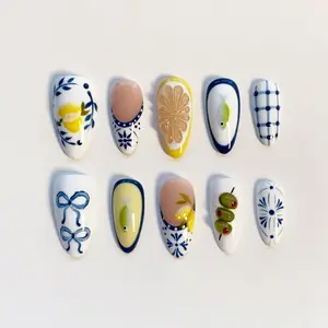 Talavera Nails/Blue & White Patterns nails/3D Martini Olives Press on nails/Lemon nails birthday nails custom