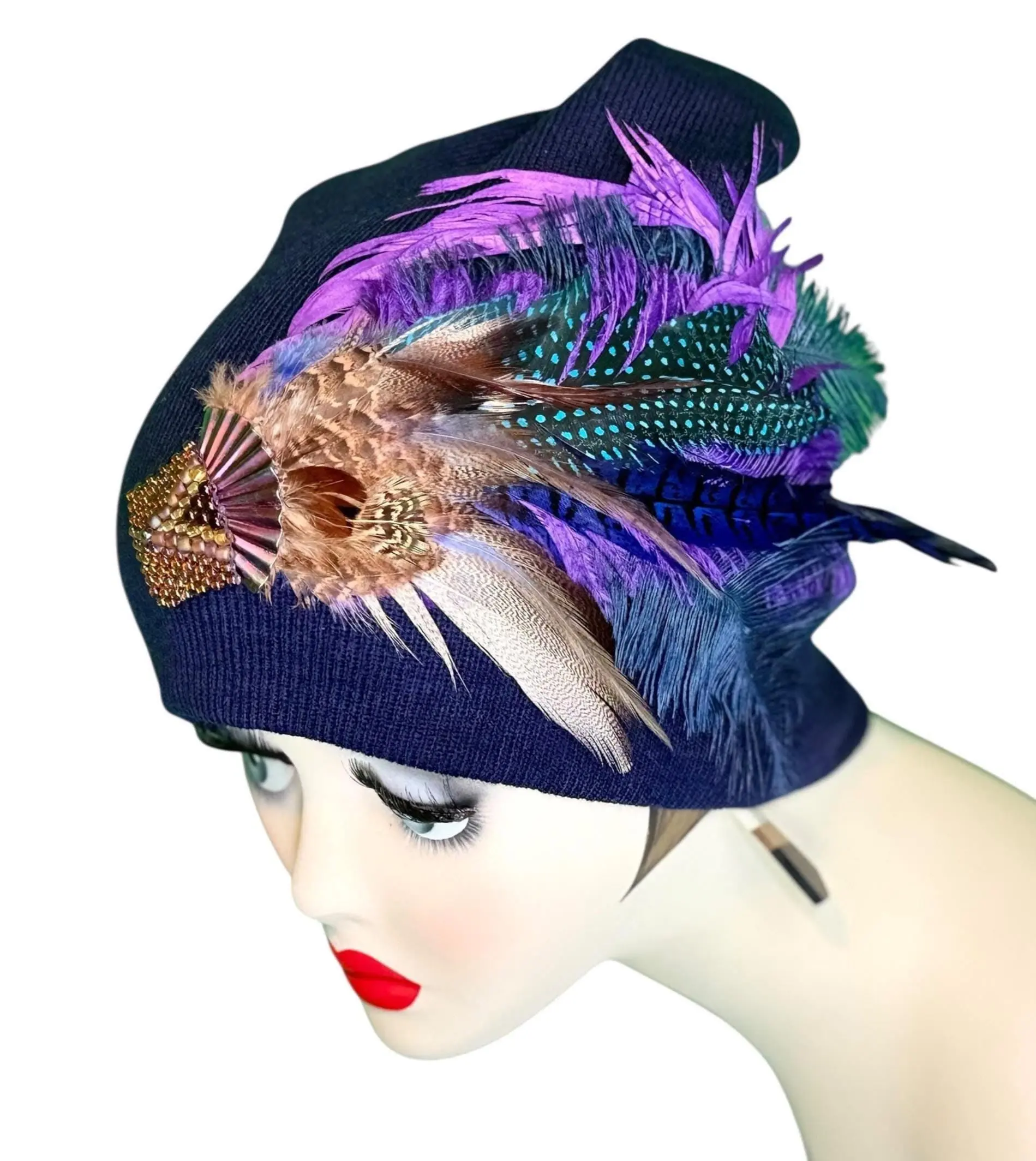Midnight Haze Fashionable Statement Flapper Feather & Jeweled Vintage Embellished Hat