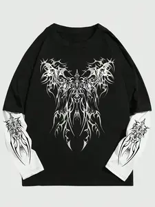 Unisex Opium Style Cybercore Tribal Graphic Tattoo Print Tee Mock Layering Streetwear Grunge Aesthetic Long Sleeve Menswear Shirt for Urban Skater Techwear Look