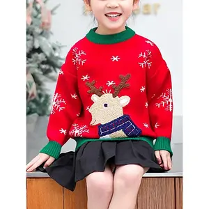 Girls' Christmas Sweater Dress with Snowflake & Reindeer Patterns, Color-Block Pullover Jumper, Loose Fit Round Neck Winter Outfits for Girls & little girls (Hand Washable)