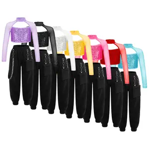 easyforever Girls 2pcs Dance Outfits Mesh Spliced Long Sleeve Sequin Backless Crop Top with Jogger Pants Set Dancewear