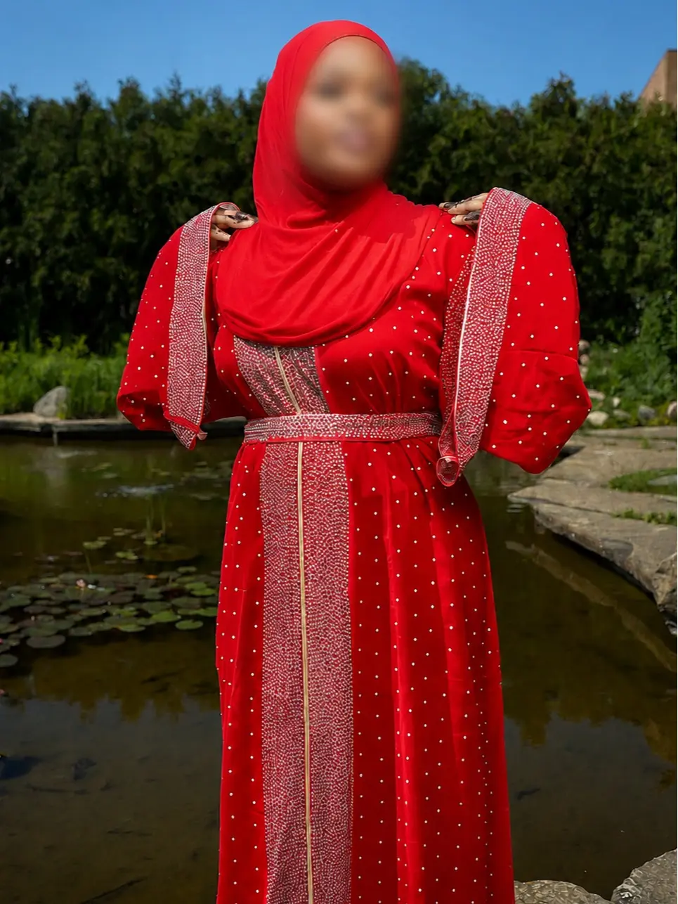 Dazzling Red Moonlight Abaya and Hijab Set.