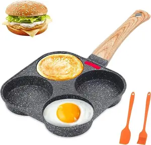 Non-stick Egg Frying Pan, 4 Holes Skillet With Handle, Multifunctional, Wooden Handle Medical Stone Omelet