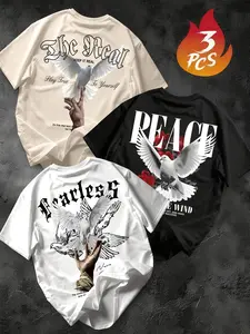 Men's Vintage Streetwear Style Dove Print Short Sleeve T-Shirt (3 Pack), Breathable Fabric, Loose Fit, Casual Summer Wear