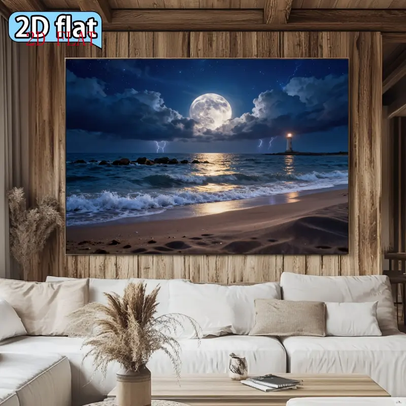 1pc Synthetic 2D Flat Blue-Gold Ocean Moonlight Lighthouse Banner Backdrop, Gingham Letters Tapestry Wall Mural, Geometric Home Wall Hanging for Living Room & Party Decor
