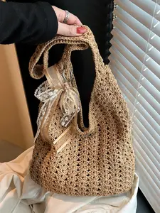 Women's Crochet Woven Shoulder Bag, Fashionable Bow Decor Shoulder Clutch, Casual Trendy Versatile High-quality Daily Commuting Bag, Girl Fashionable Shopping Bag