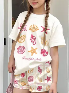 Summer Kids' Cartoon Print Set, Casual Loose-Fitting Short Sleeve Top and Shorts, Vintage Street Style, Comfortable Fashion Clothing