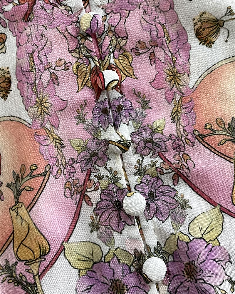 ChicMe Women's 2 Pieces Outfit Floral Placement Print Stand Collar Button Button Front Lantern Sleeve Top and Casual Elastic Back Waist Shorts Set with Belt