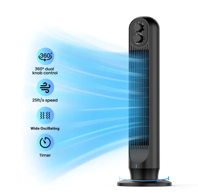 Tower Fan ,31" Oscillating Standing Fan for Home,TASKBAY Floor Fan with 360°Dual Knob Control ,3 Speed ,Timer Bladeless Fan for Bedroom Office ,Black