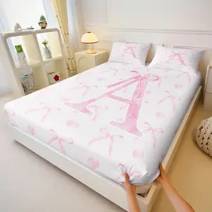 Sweet Pink Bow and Heart A-Z Letter Print 3-Piece Fitted Sheet Set, Including 2 Pillowcases (Without Inserts), Bed Sheet Sets. This Decorative and Practical, Soft and Comfortable Bedding Set Makes A Perfect Gift for A Princess or Teenager's Bedroom.