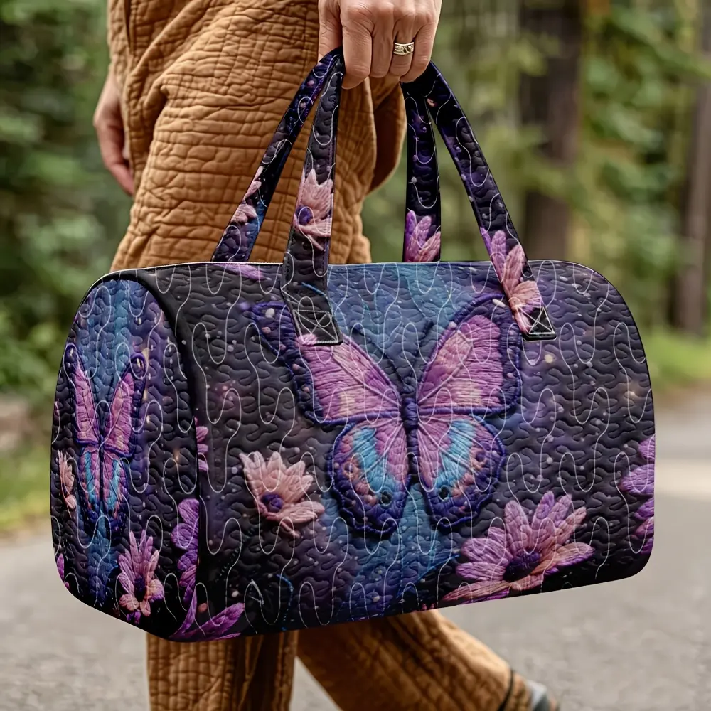 1pc Quilted Boston Bag, Night Butterfly Bloom Pattern Dark Floral Mystical Style, Butterfly Chrysanthemum Stardust Theme Travel Tote Bag, Suitable for Women Who Love Melancholy Romantic Plant Art, Random Print, Halloween Thanksgiving Christmas Holiday
