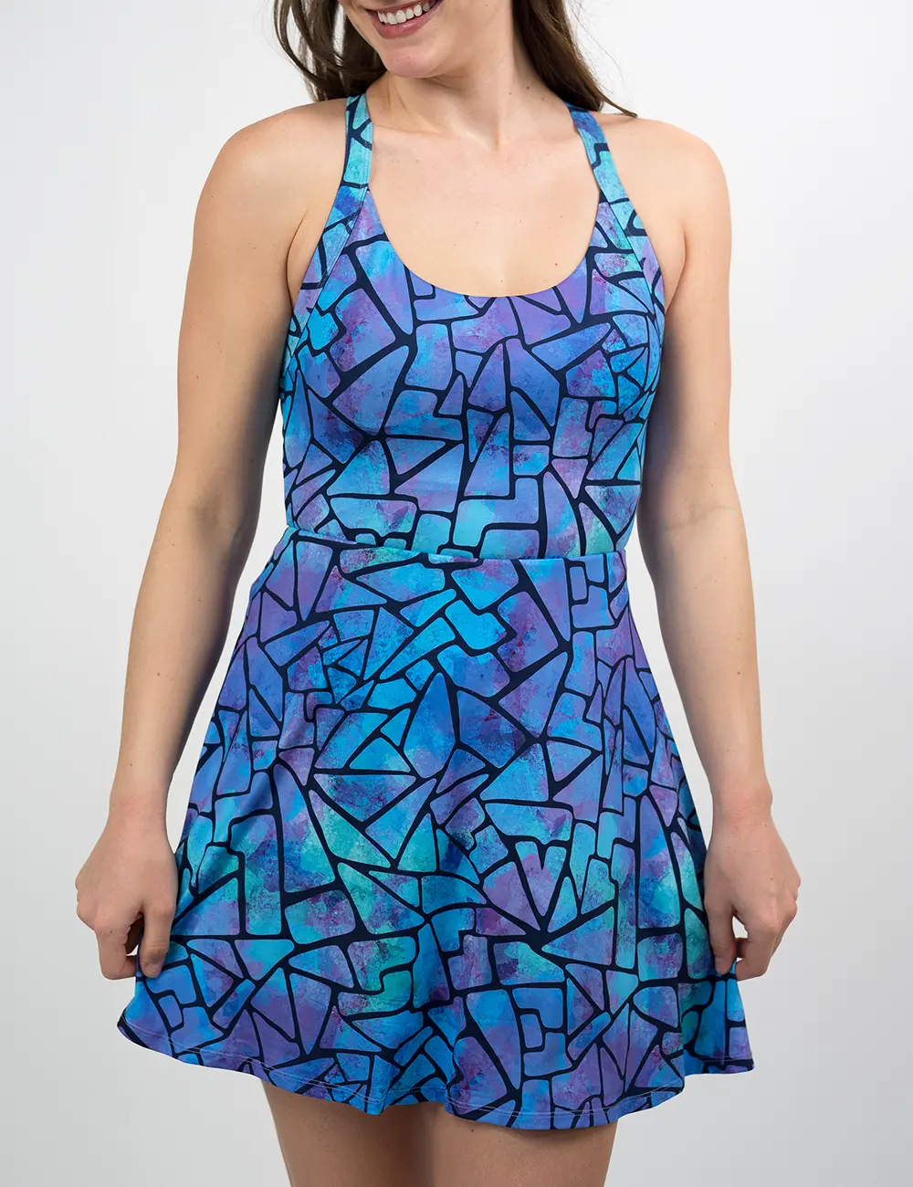 CVG Icon Dress Stained Glass Fit Casual, Activewear, Adjustable, Bra, Playsuit, Nylon, Piece, Female, Polyester, Spandex, Strap, Short, Print, Open Back, Pockets, Removable Padding, Sporty Chic