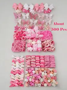 500pcs/Set Girls' Pink Bowknot Hair Clips, Cute Princess Hair Accessories, High Elastic Durable Non-Damaging Hair Ties, Hair Bands, Rabbit Ear Hair Rings, Versatile Duck Clip Barrettes, Suitable For Daily Use