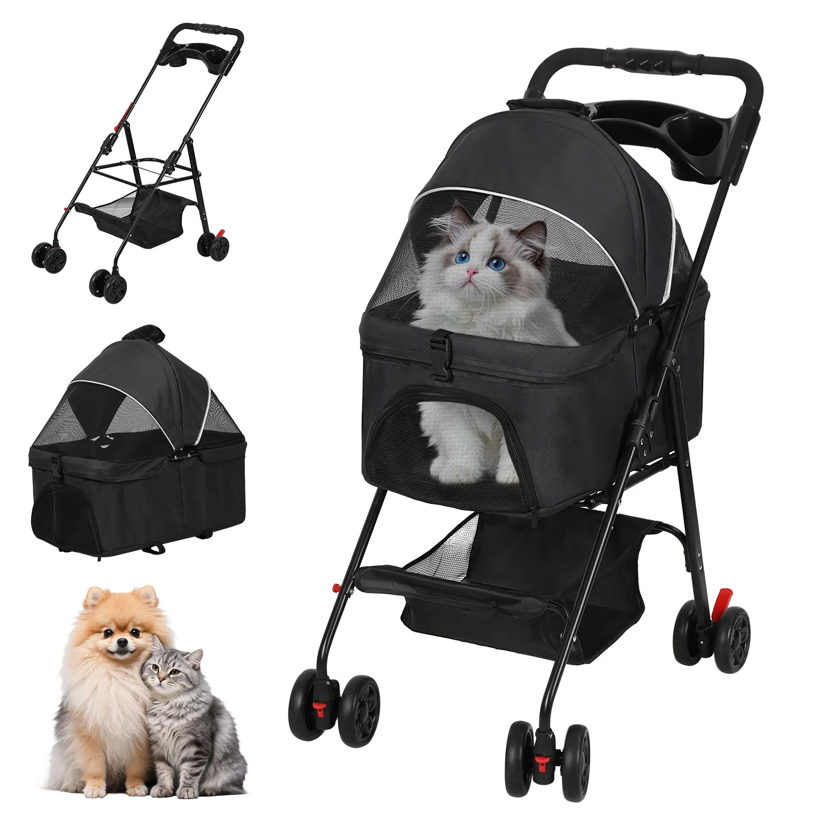 Explorinox Foldable Pet Stroller 4 Wheel Dog Cat Stroller with Removable Carrier Breathable Mesh Canopy Storage Basket Cup Holder Pet Carrying Cart Holds Up to 17.6lbs for Walks Outings Shopping Carbon Steel Frame Oxford Cloth 8 kg Load Capacity