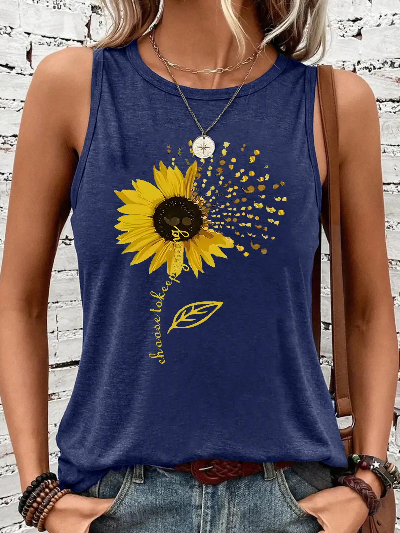 Women's Sunflower Floral Sleeveless Fitted Tank Top, Casual Elastic Round Neck, Breathable Fabric, Summer Fashion, Casual Beach Tank