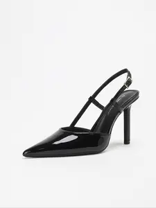 Women's Elegant Burgundy Patent Leather Pointed Toe Slingback Stiletto Heels, Stylish Strappy High Heel Pumps, Versatile Fashion Footwear for Party, Date Night, Office and Daily Wear
