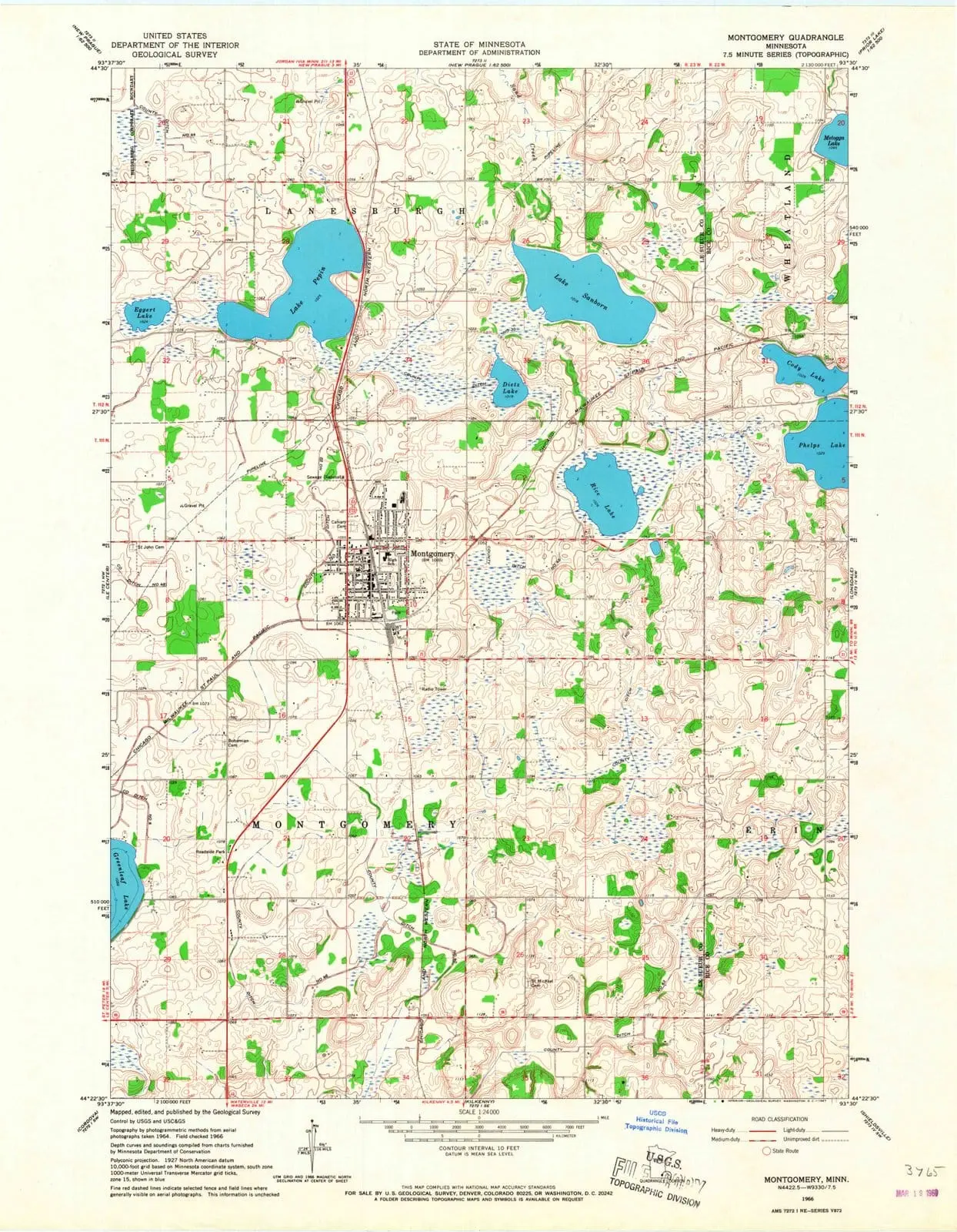 Montgomery Minnesota USGS Topographic Quadrangle Map, 1966, 1:24000