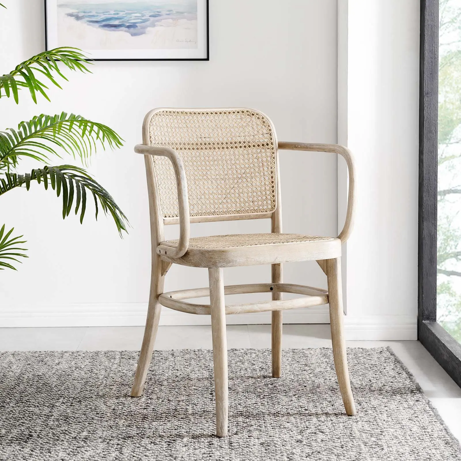 Modway Winona Luxury Wood Frame Dining Room Chair - Modern Armchair with Round Arms, Rustic Transitional Chair, Coastal Vibe, Hand-Woven Wicker, Non-Marking Foot Caps, 330 lbs Weight Capacity, Gray Indoor Furniture
