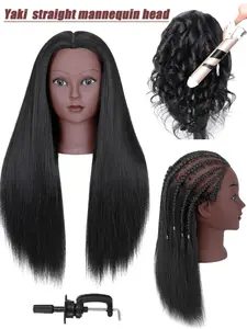 Mannequin Head With Yaki Straight Synthetic Hair 26 Inch Make Up Cosmetology Manikin Practice Head With Kinky Hair Doll Head For Hairdresser Practice Braiding Styling Cosmetology Manikin Doll Training Head With Table Clamp