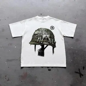 War Helmet Faith Over Fear Graphic Print Cotton T-Shirt, grunge y2k emo scene tapout goth amity affliction style clothes, Unisex T-shirt
