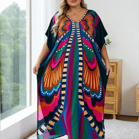 【Plus Size】 All Over Print Split Hem Batwing Sleeve Dress, Summer Clothes Women, Boho Style Dresses, Boho Deep V Neck Half Sleeve Dress for Beach Holiday Vacation