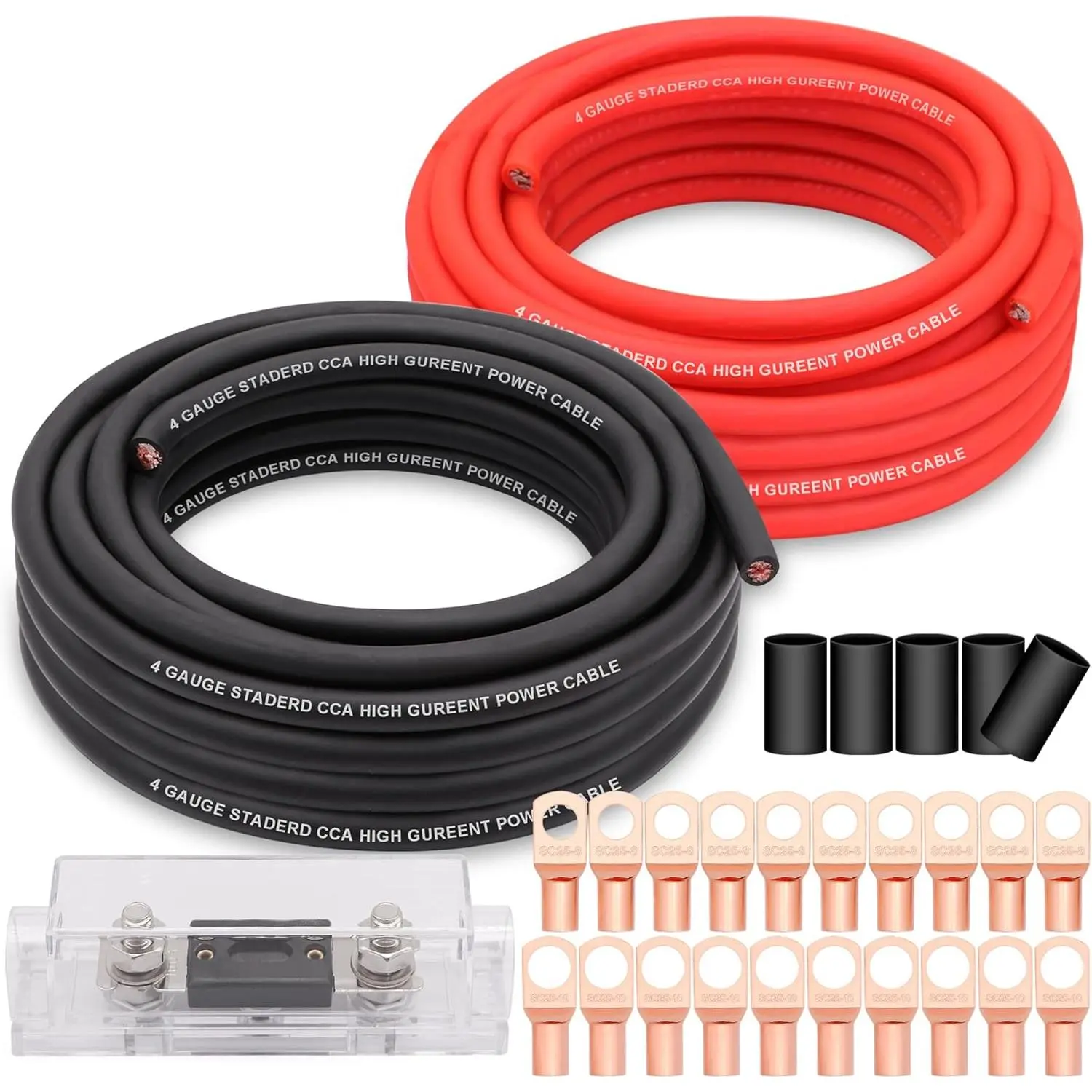 4 Gauge Wire Copper Clad Aluminum CCA 50FT Black/Red with 4ga lugs,100A ANL Fuse Holder and Heat Shrink Tube -  Power/Ground , Audio Speaker,RV Trailer Amp Wiring kit