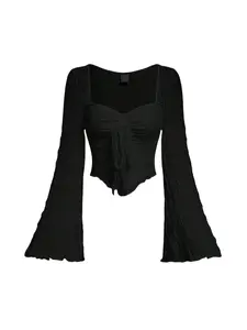 Women's Gothic Bubble Crepe Batwing Sleeve Slim-Fit Mesh Knit Long-Sleeve T-Shirt — Y2K Gothic Style, Pairs with Flared Leggings; Witchy Dark Gothic Aesthetic Long-Sleeve Top