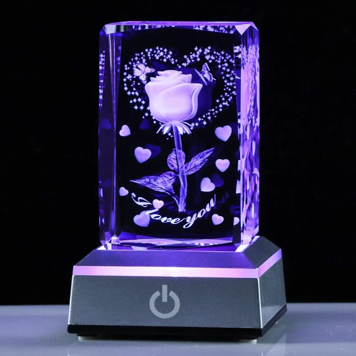 3D Laser Engraved Rose Crystal with Colorful Base, Gift for Girlfriend, Wife, Mom, Valentine's Day, Christmas, Home Decor, Desktop Nightlight, Ambient Night Light, Led Star Light, Battery operated led, Decorative Led Light, Decorative Lights