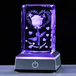 3D Laser Engraved Rose Crystal with Colorful Base, Gift for Girlfriend, Wife, Mom, Valentine's Day, Christmas, Home Decor, Desktop Nightlight, Led Star Light