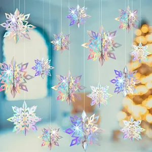 Christmas Hanging Snowflakes Decorations Clearance 15 count 3D Iridescent Paper Snowflakes Snow Flakes Garland for Winter Wonderland Frozen Christmas Birthday Party Decorations