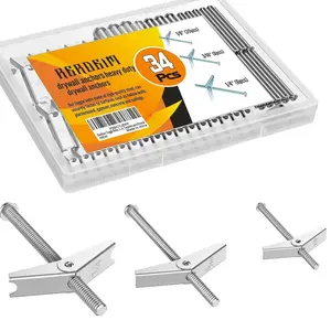 【Pack of 34 Sets】 Toggle Bolts, Wall Anchor, 1/4" 3/16" 1/8" Butterfly Drywall Anchors, Heavy Duty Metal Screws for Hollow Wall Ceiling Sheetrock, Taquetes para Drywall