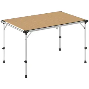 Outsunny Folding Grill Table, 4.5 ft Portable Camping Table with 2 Wing Panels, Height Adjustable Metal Outdoor Table with Mesh Desktop for Picnic, Beach, BBQ, Party, Light Brown