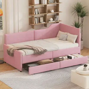 [Bellemave]Twin Size L-Shaped Corduroy Daybed,Upholstered Bed Frame with 2 Storage Drawers,Pink