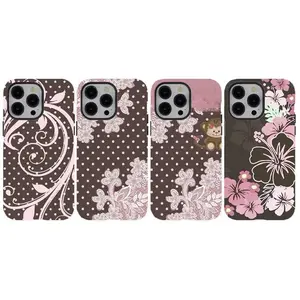 Brown Pink Preppy Phone Cover,Tropical Hibiscus Phone Case,Durable Dual-Layer design nostalgia phone casing for iPhone 17 16 15 14 13 12 11