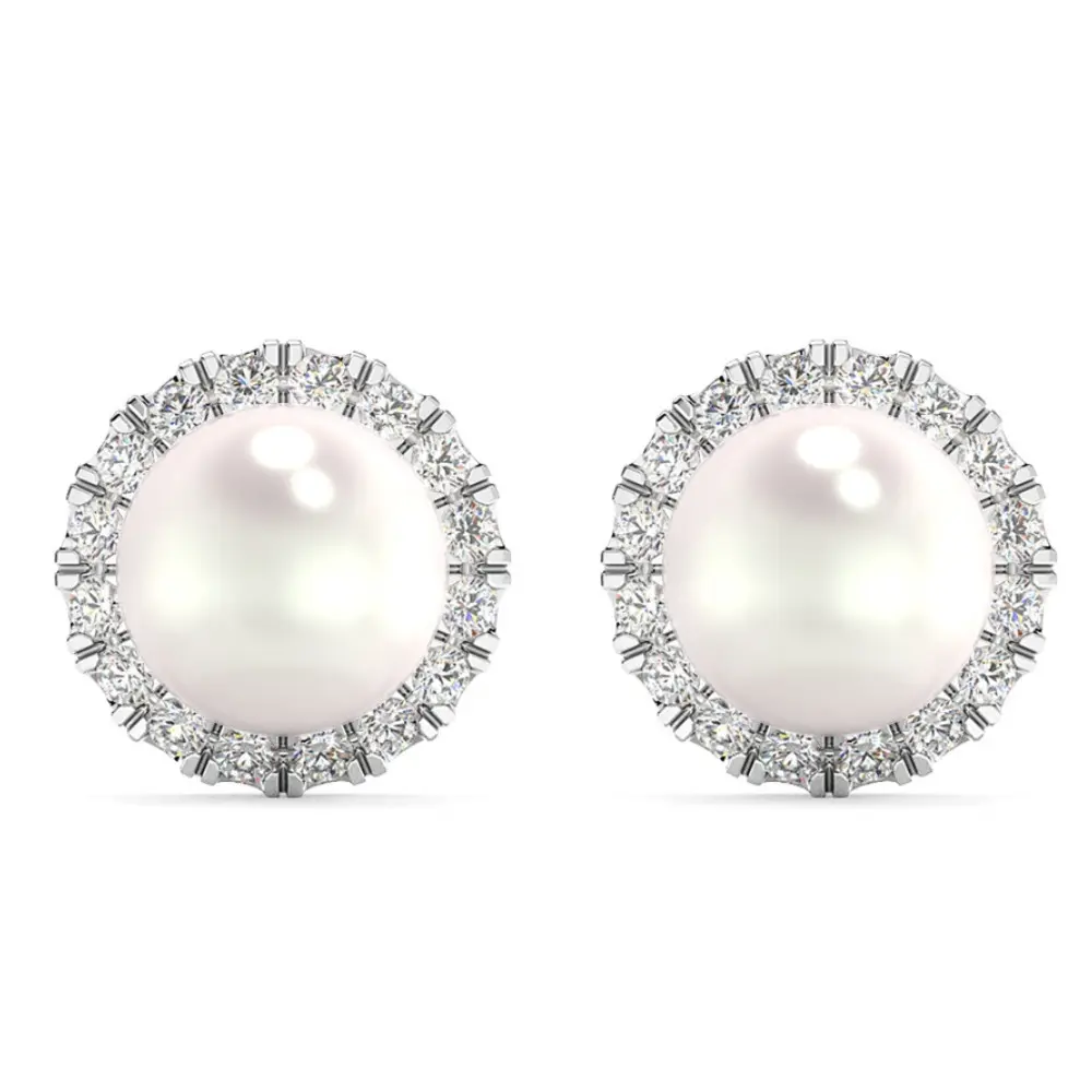 6mm Pearl & Diamond Halo Studs Women's 14k Gold Earrings Lab Grown