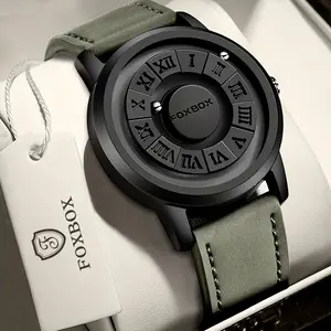 Men&women's Stylish Black Dial Rotating Magnetic Bead Watch with Green PU Leather Strap - Roman Numerals & Unique Design - Perfect Halloween Gift or Family Gathering Accessory, Casual Wristwatch |   Stylish men&women's Watch |   Zinc Alloy Case,