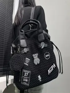 Black mesh labeled tote bag with a personalized bear patch, large-capacity single shoulder bag, trendy street handbag