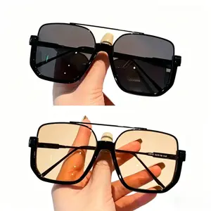 Unisex Oversized Square Sunglasses | Retro Double Bridge Metal Frame & AC Lenses | Fashion-Forward Eyewear for Daily Wear & Driving | UV Safe & Trendy for All Occasions