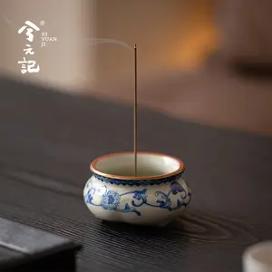 Xi Yuan Ji Blue and White Ru Kiln Incense Burner Stick Holder Three-Legged Sandalwood Censer for Home Indoor Tea Set Accessory incense stick