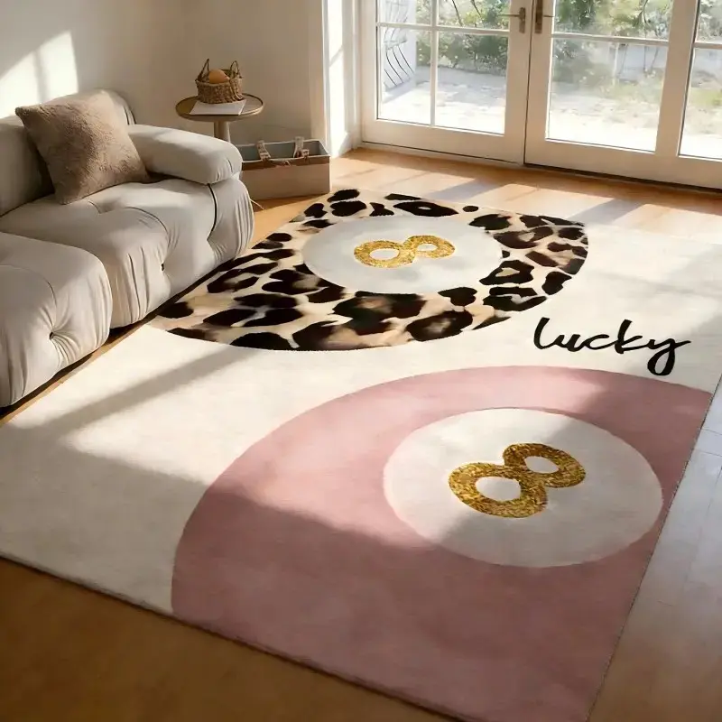 Lucky 8 Leopard Print Flannel Area Rug - Pink White Modern Soft Mat with Gold Number 8, Non-Slip Home Decor for Living Room & Bedroom Decorative Rugs, House Decor Rug