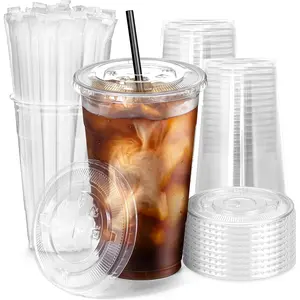 100 Pack 24 oz Plastic Iced Coffee Cups with Flat Lids and Black Straws, Disposable Clear Cup,  Cup for Party, Smoothie, Cold Drinks, Juice, Milkshake, Bubble Boba,