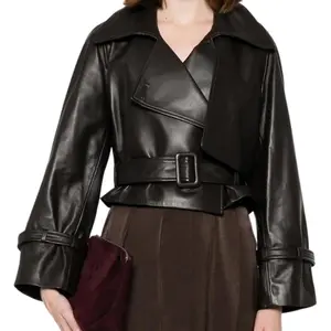Mirelle Ava Cropped Belted Leather Jacket