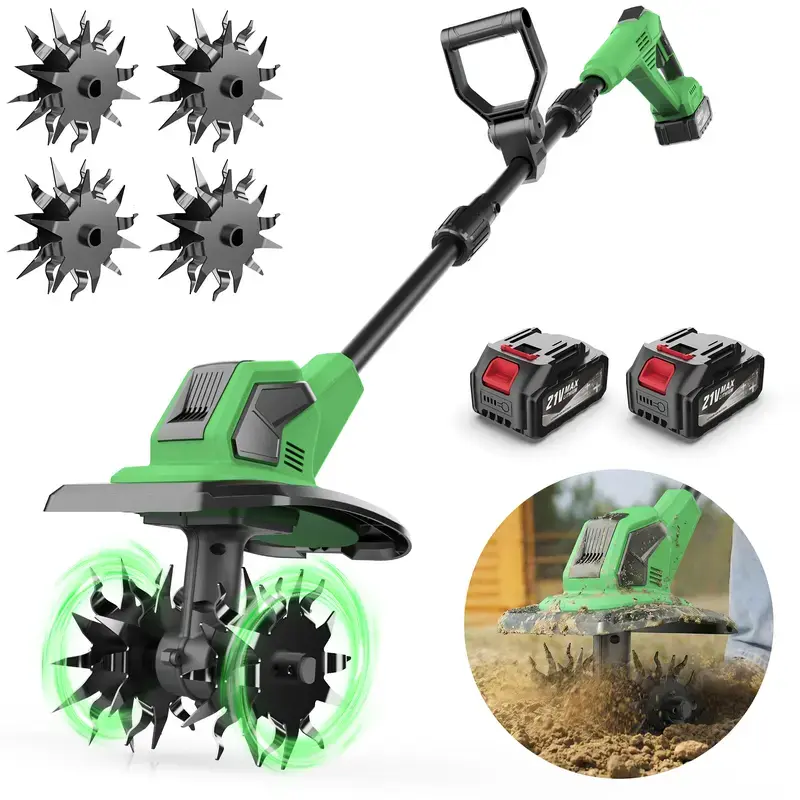 Cordless Tiller Cultivator, 21V Battery Powered Garden Tiller with 2×4.0Ah Batteries, 9-Inch Tilling Width for Soil Cultivation & Gardening