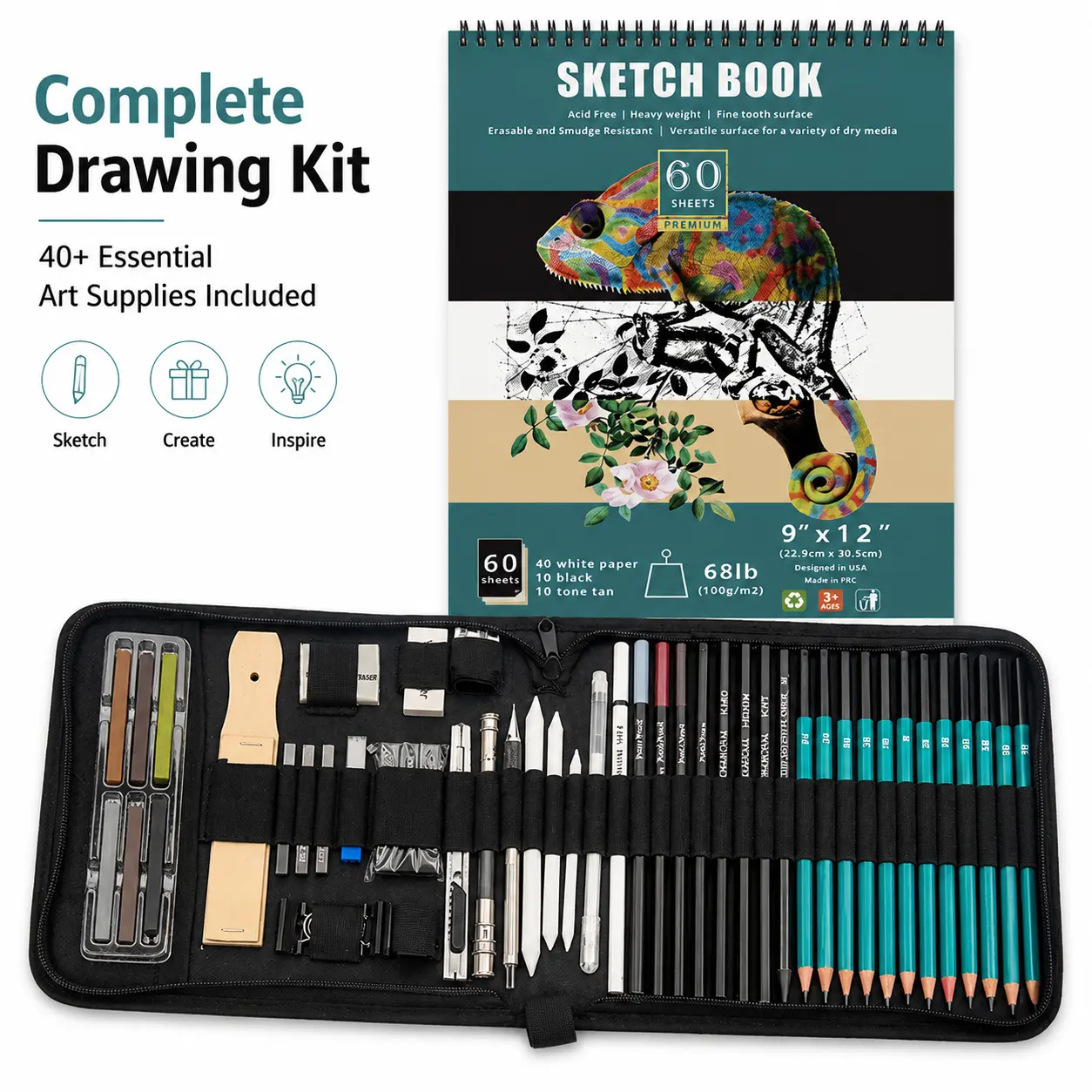 Complete Drawing Kit with Sketchbook, 50pcs Art Supplies, Graphite Pencils, Charcoal Tools, Blending Stumps & Portable Carrying Case, Beginner Artist Starter Set for Teens Adults,Suitable for gifts celebrating academic advancement, birthdays, etc.