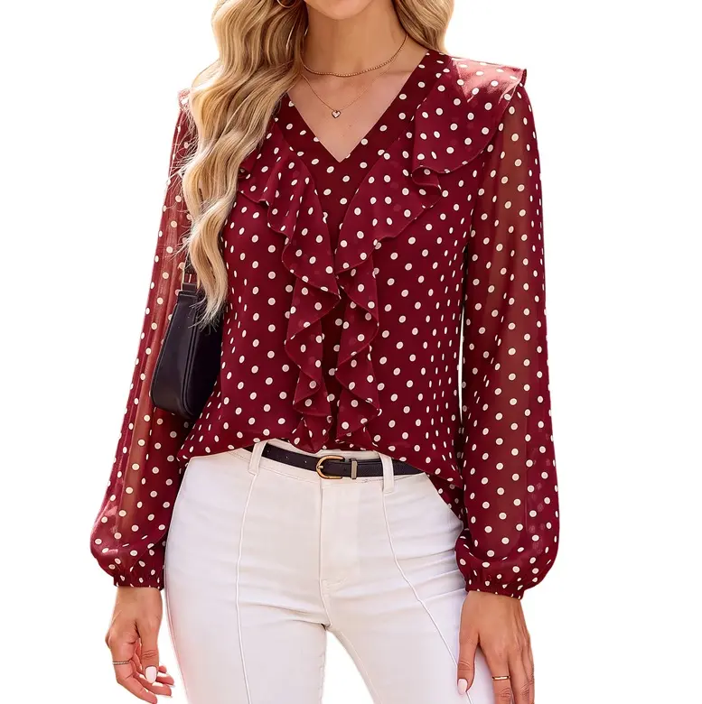 Blooming Jelly Women Blouse Chiffon Long Sleeve Shirts with Dots