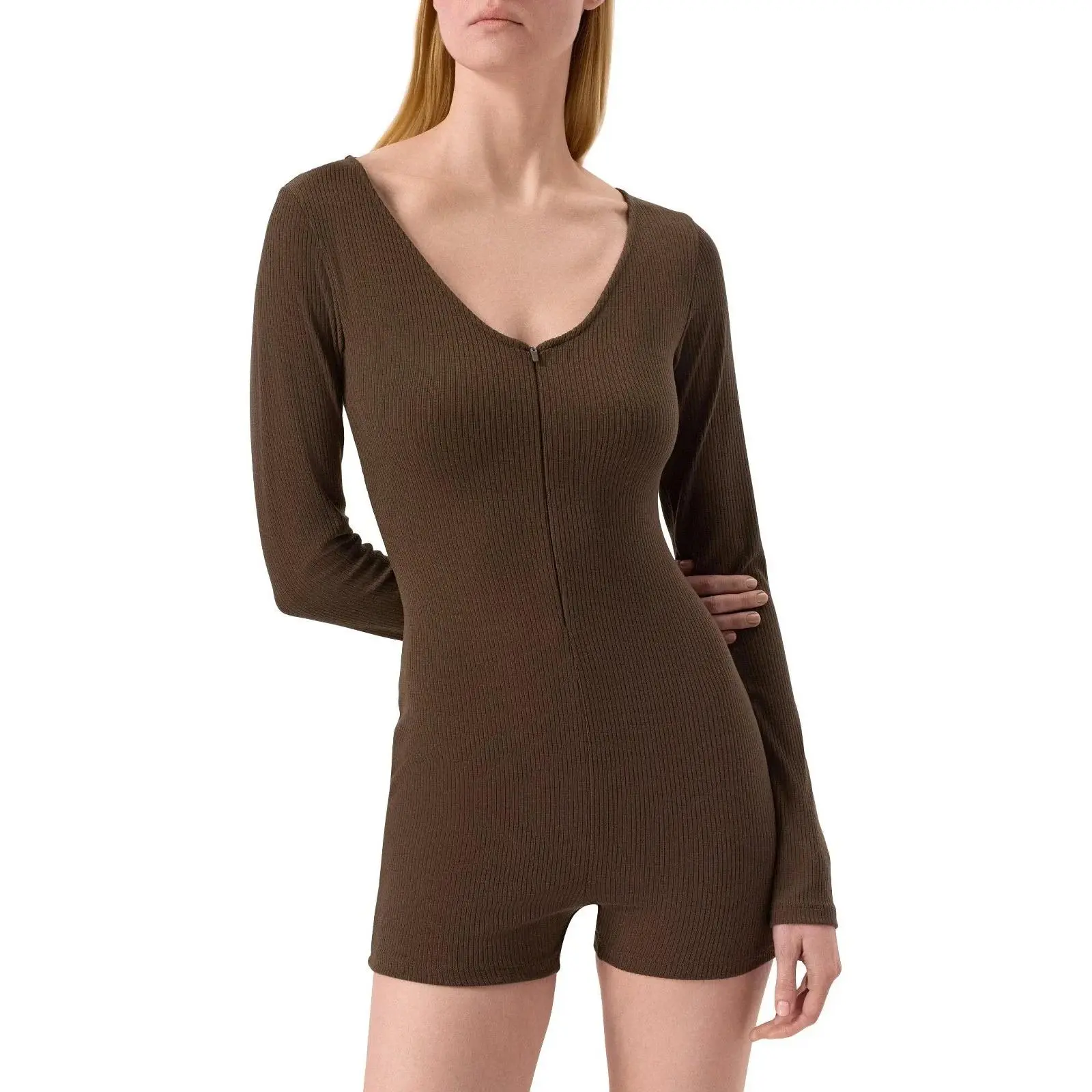 Alo Yoga Romper Rib 1 2 Zip Long Sleeve One Piece Sneaker in Brown/Heather | Women's